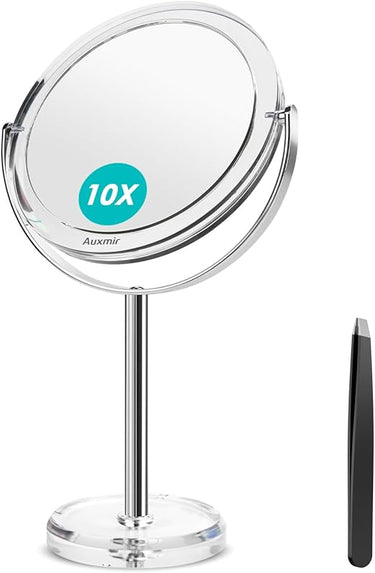 Auxmir Espejo Maquillaje con Aumento 10X / 1X, Espejo de Mesa Baño Doble Cara, Giratorio 360° para Maquillaje, Afeitado, Depilación Cejas y Cuidado Facial